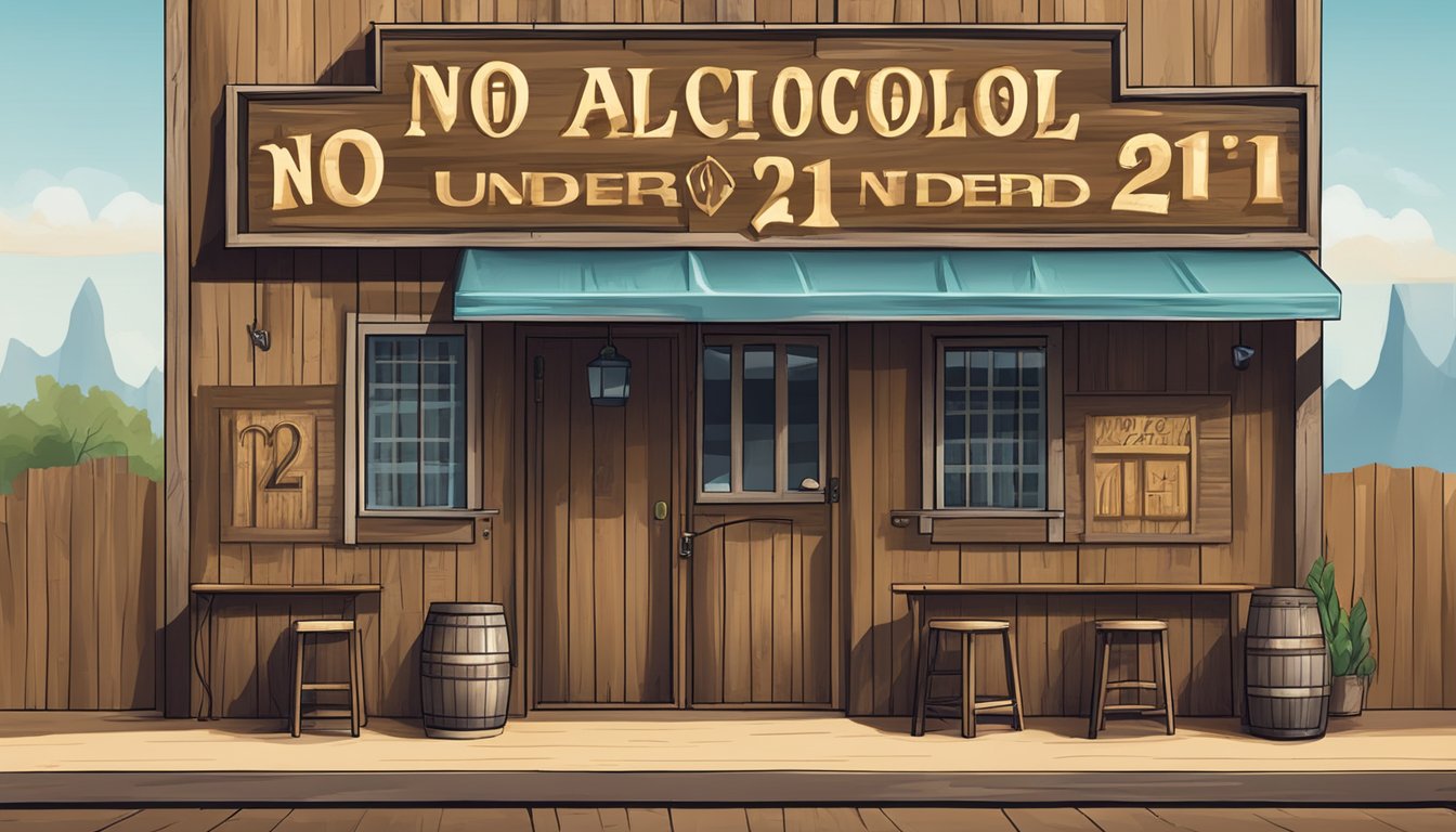 A rustic Texas bar with a "No Alcohol Under 21" sign on the door