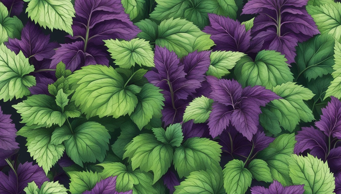 A vibrant shiso plant with deep green leaves and purple undersides, surrounded by various herbs and spices