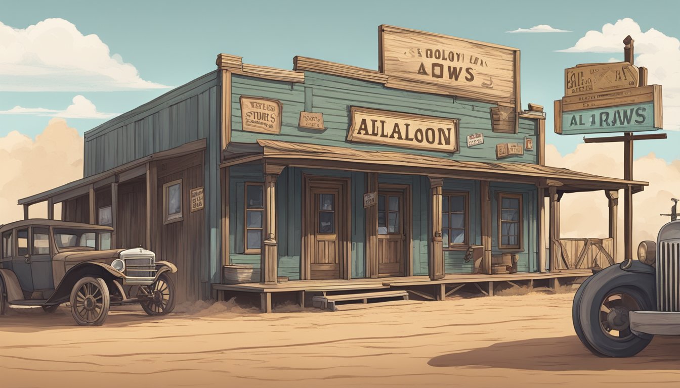 A dusty Texas town with a saloon and a sign displaying alcohol laws