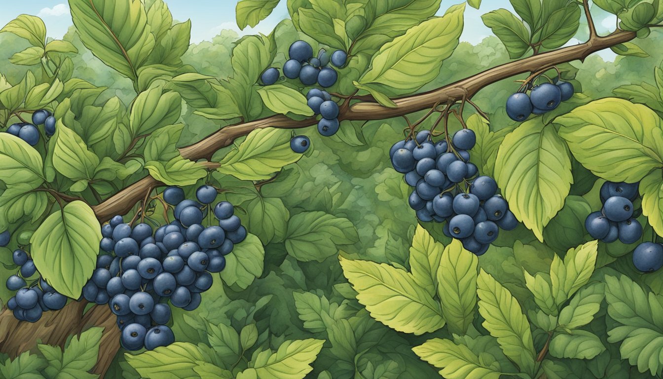 A lush saskatoon berry bush surrounded by diverse plants, symbolizing the historical and cultural significance of the fruit