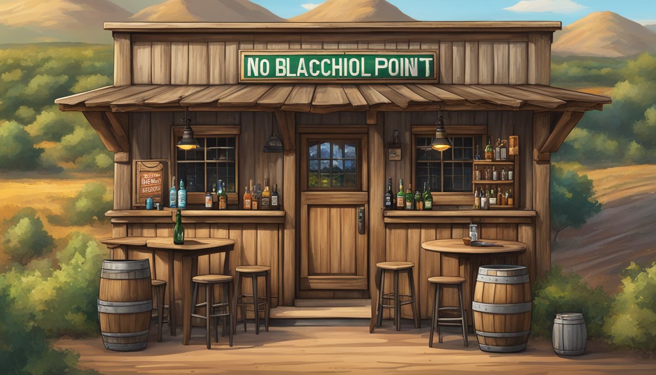 A rustic bar with a "No Alcohol Beyond This Point" sign, surrounded by rolling Texas hills