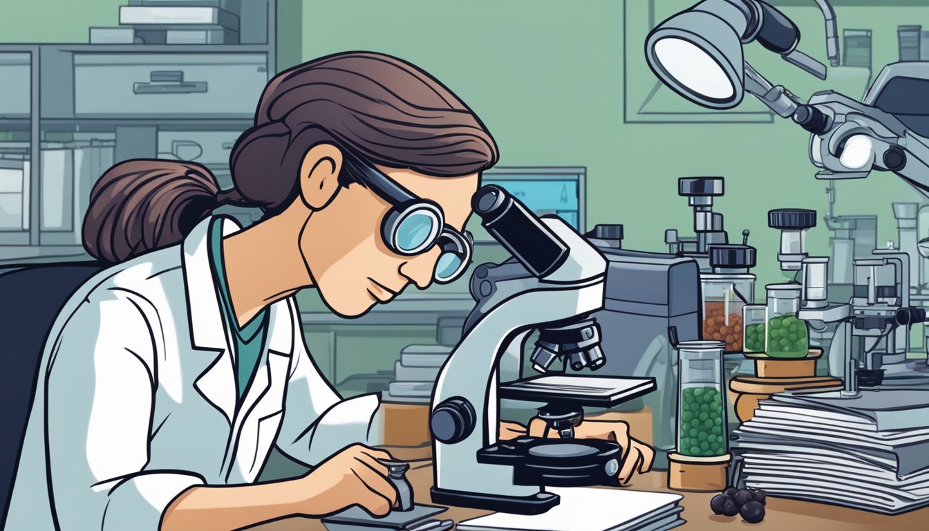 A scientist examines saskatoon berries under a microscope, surrounded by research papers and scientific equipment