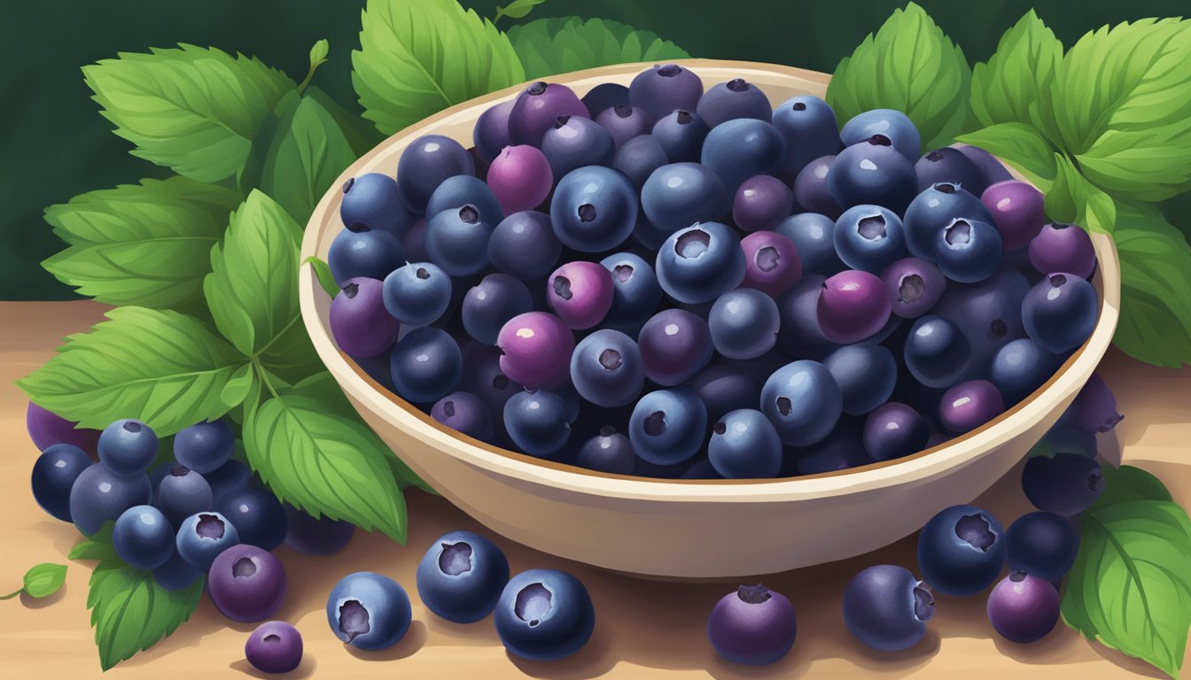 A bowl of fresh saskatoon berries surrounded by vibrant green leaves and small purple flowers