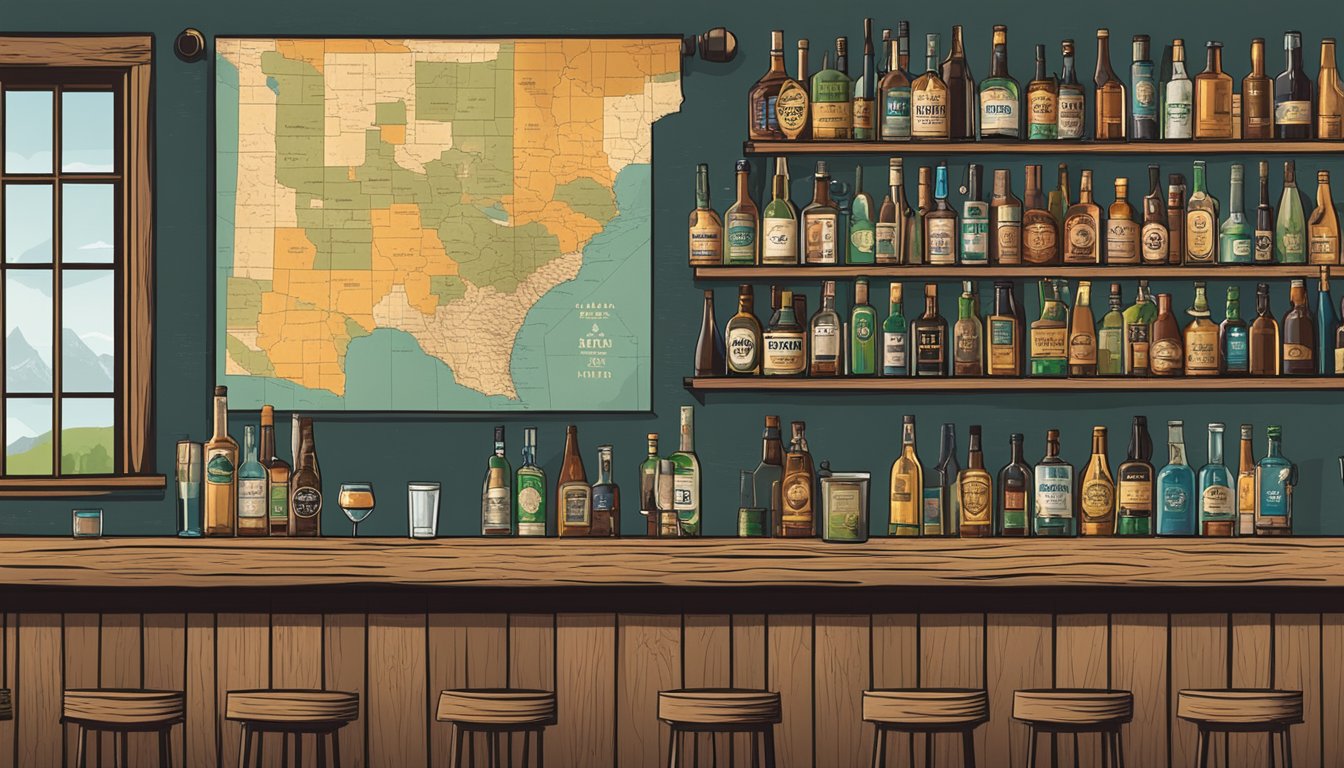 A rustic bar with shelves of alcohol bottles, county map on the wall, and a sign displaying Texas alcohol laws