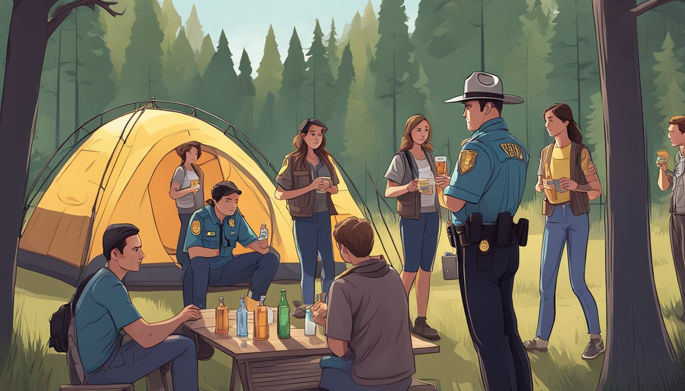 A sheriff's deputy confiscates alcohol from a group of young adults at a campsite in a wooded area