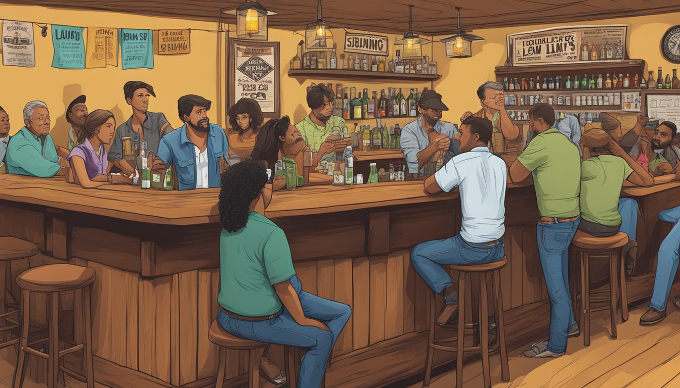 A group of people sitting at a bar, with a bartender serving drinks while a sign displaying alcohol laws in Scurry County, Texas hangs on the wall