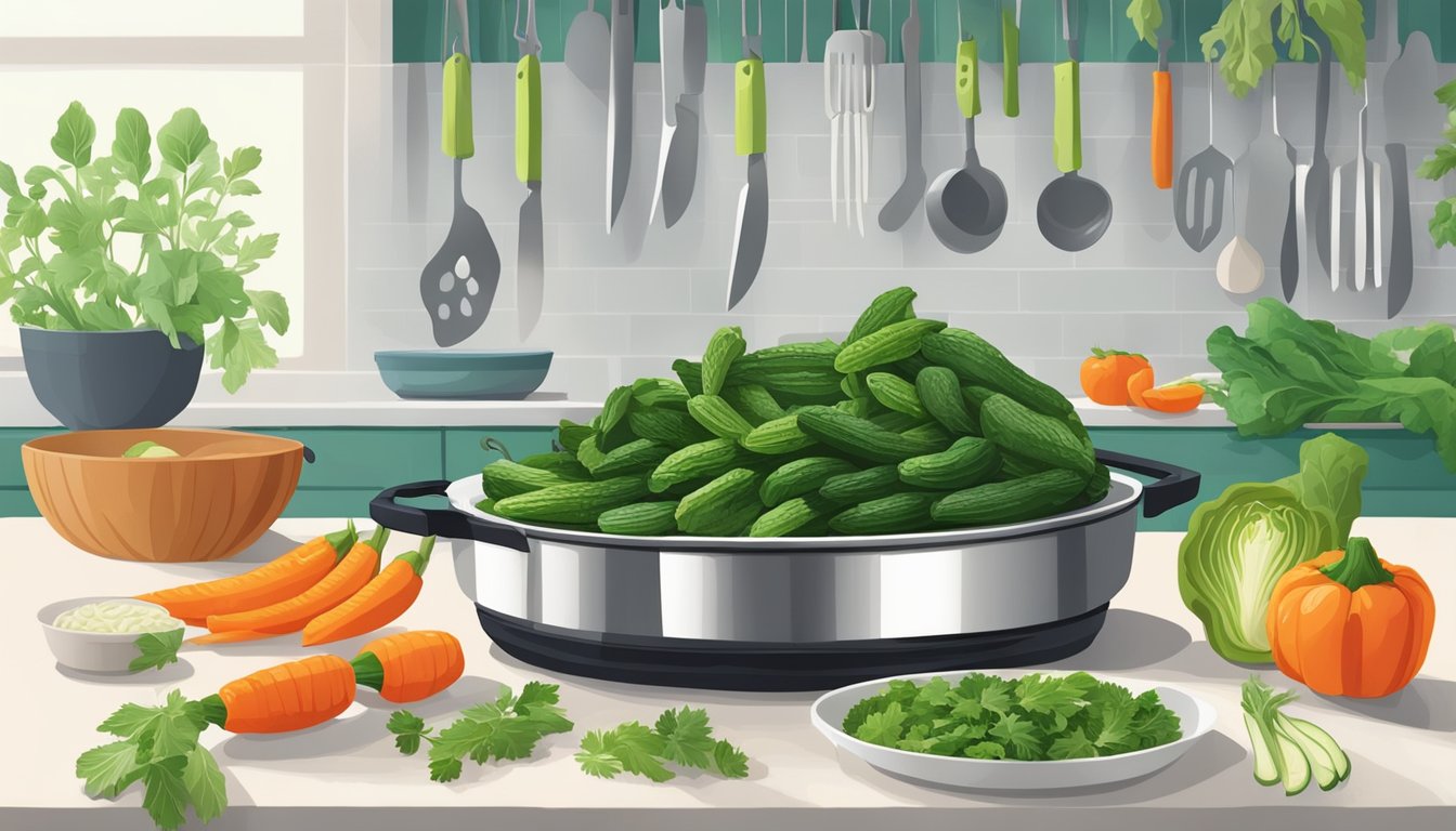 A vibrant kitchen scene with karela being sliced, cooked, and served, surrounded by fresh vegetables and herbs