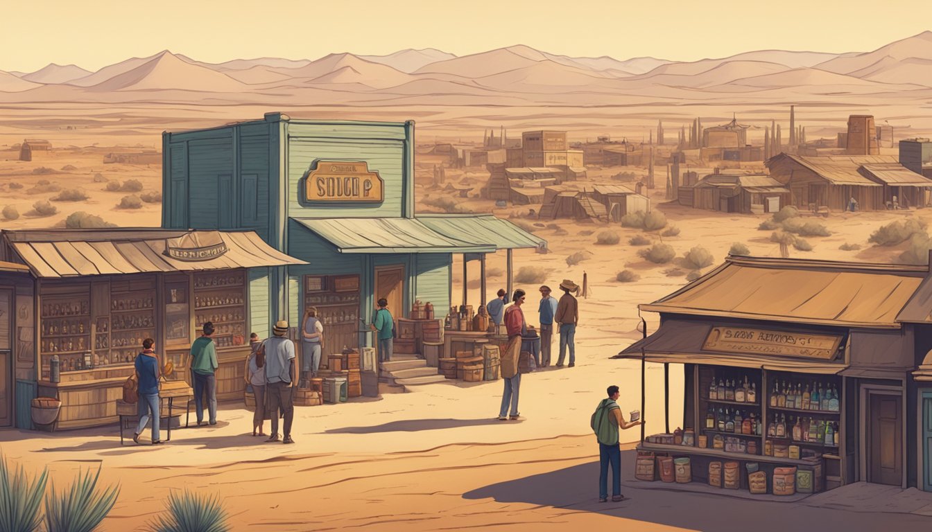 A dusty desert landscape with a small town in the background, featuring a liquor store and a group of people gathered outside drinking