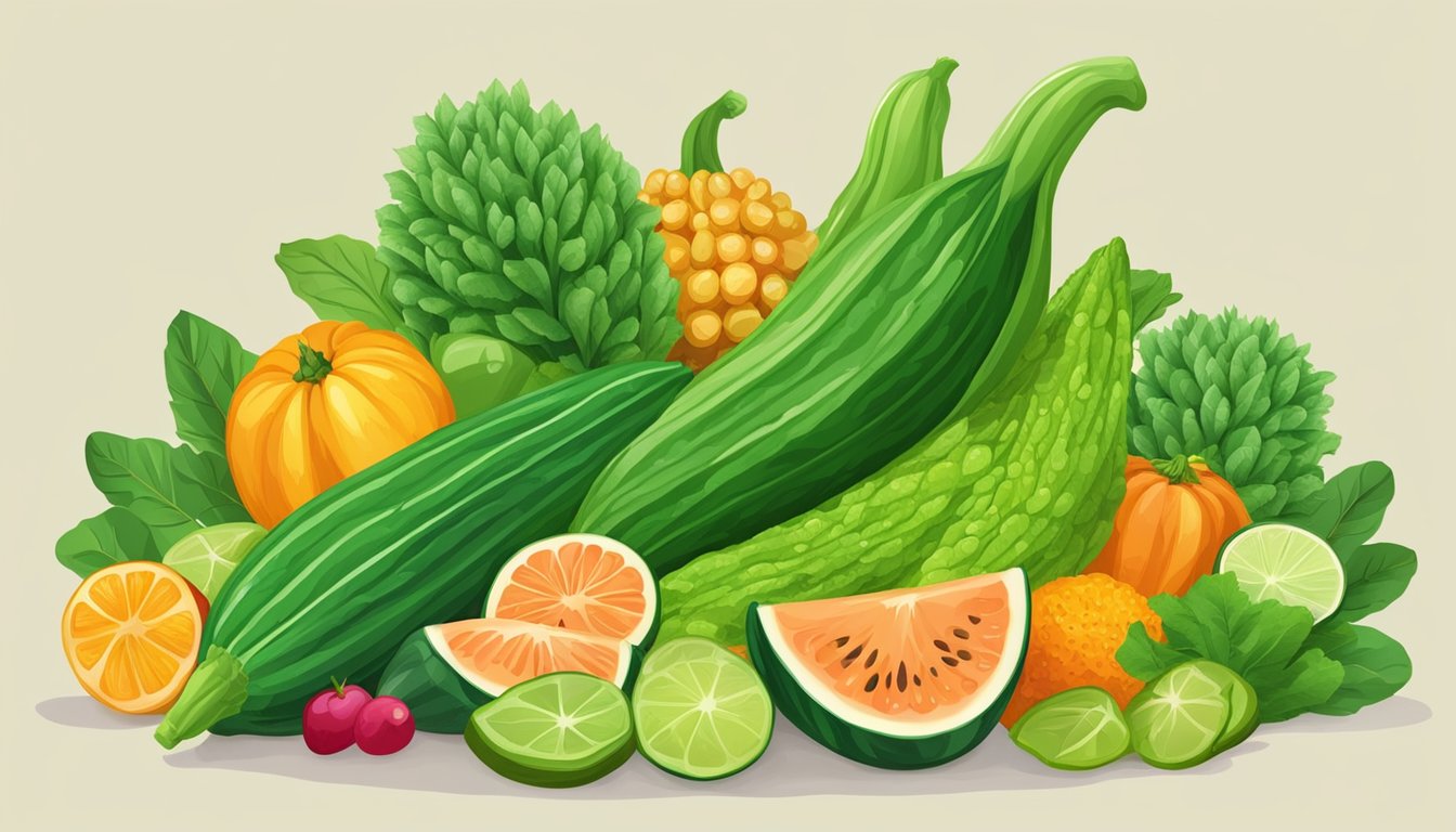 A vibrant illustration of karela surrounded by various fruits and vegetables, with a prominent focus on the unique shape and texture of the karela