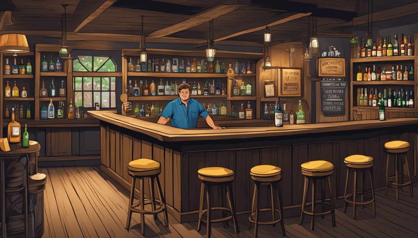 A rustic bar with a "No Minors" sign, shelves of liquor, and a bartender checking IDs at the entrance