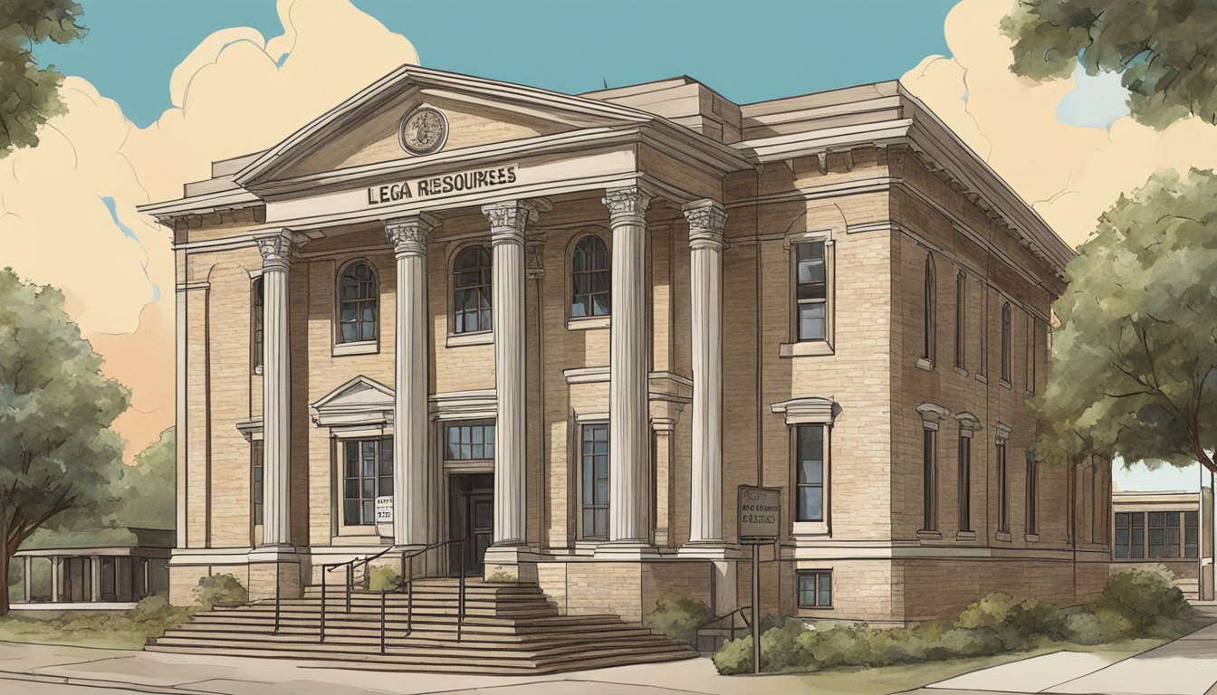 A rustic county courthouse with a sign reading "Legal Resources" in San Jacinto County, Texas. Surrounding area depicts scenes of alcohol consumption and law enforcement