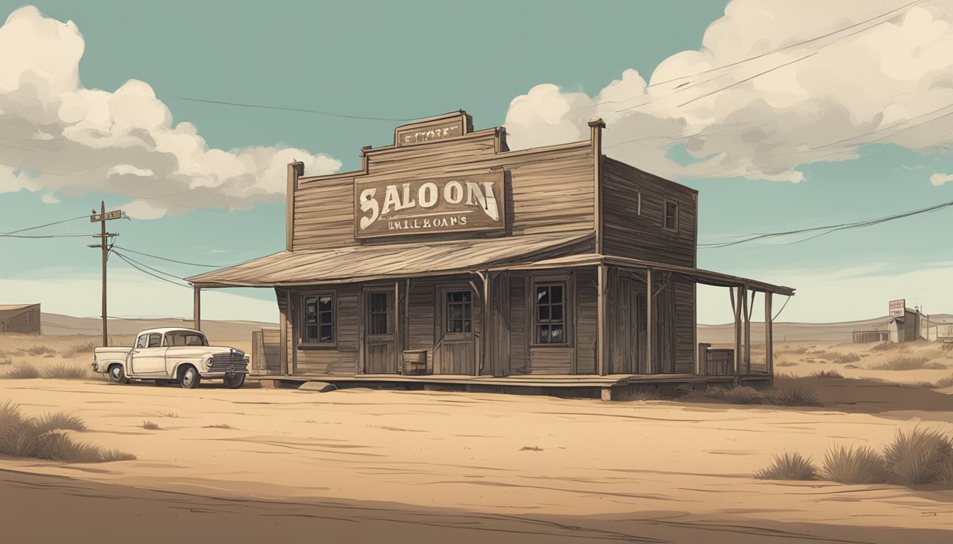 A dusty, rural Texas town with a weathered saloon and a faded sign displaying outdated alcohol laws