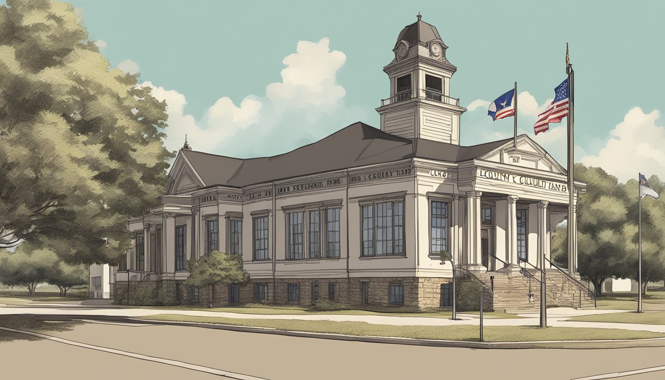 A rustic Texas county courthouse with a sign displaying "Roberts County Alcohol and Drinking Laws" in the foreground