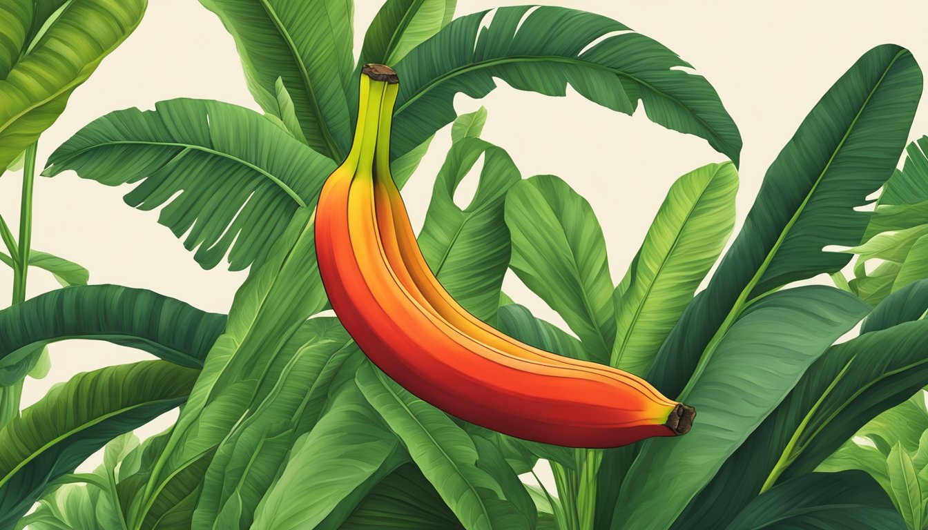 A red banana surrounded by vibrant green leaves, with a focus on its unique shape and color