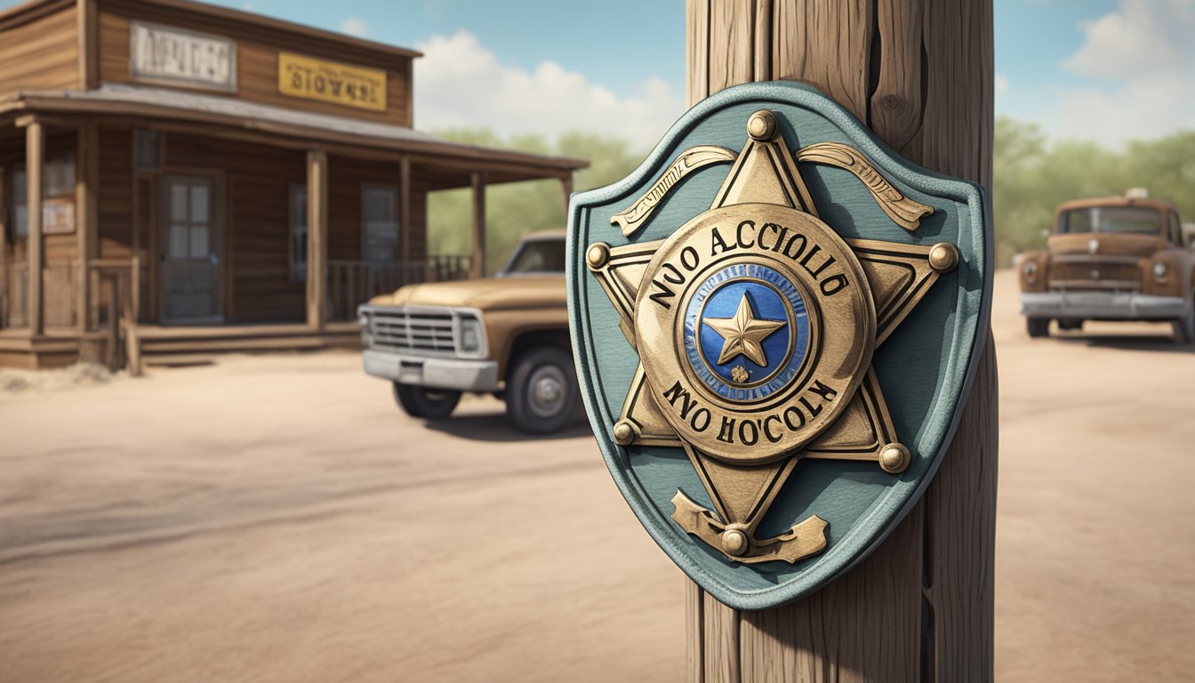 A sheriff's badge pinned to a wooden post beside a "No Alcohol" sign in a dusty Texas town