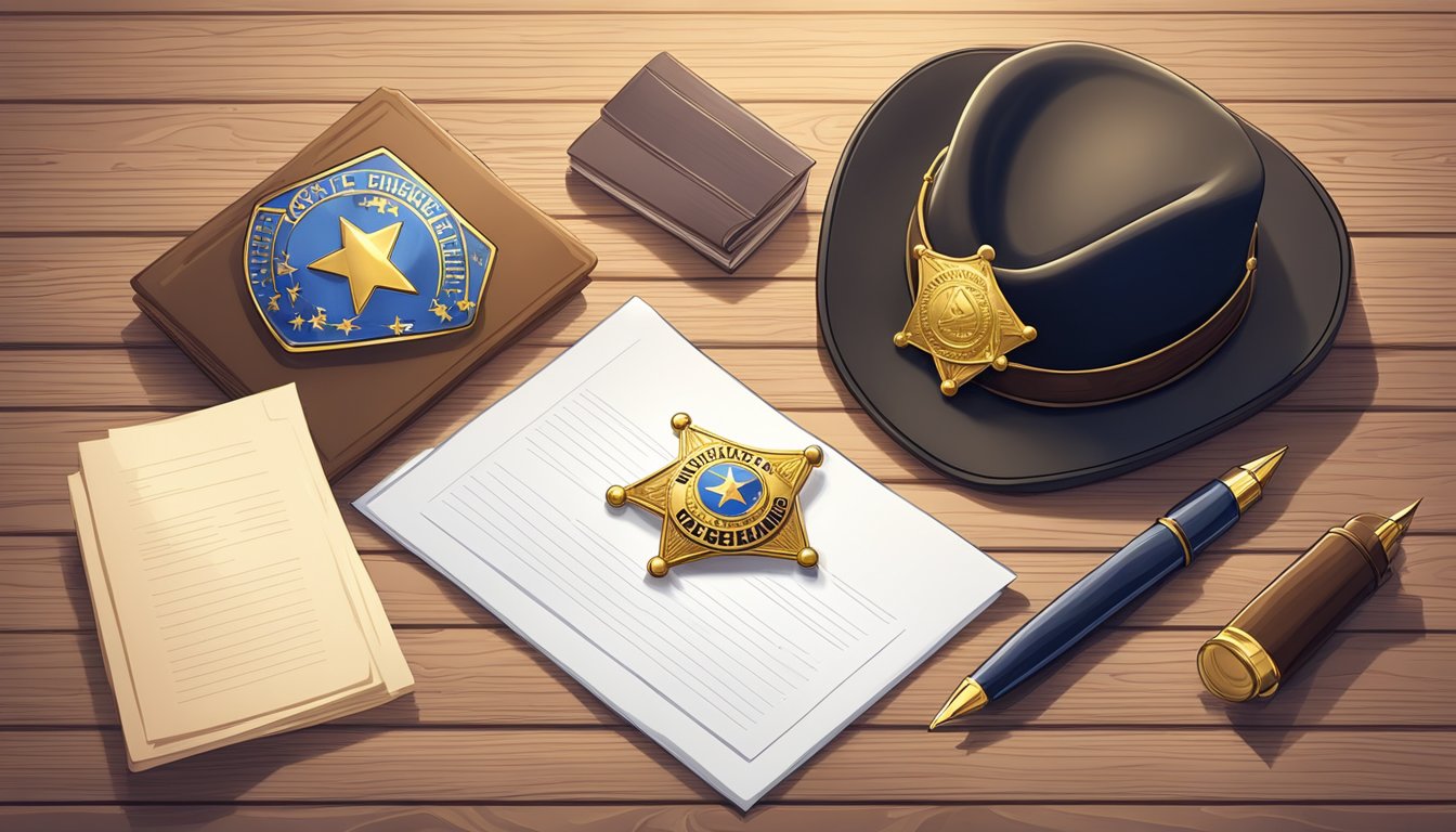 A sheriff's badge on a wooden desk with a stack of legal documents