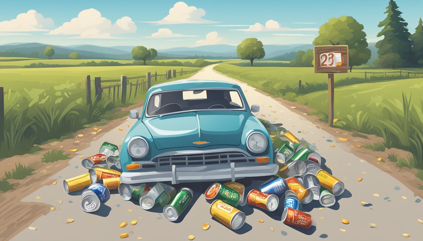 A car swerving on a rural road, empty beer cans scattered on the ground, a sign indicating the county's strict alcohol laws