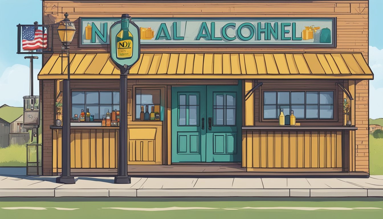 A bar with a "No Alcohol" sign in Roberts County, Texas. Nearby, a liquor store with a "Sale of Alcohol Prohibited" sign