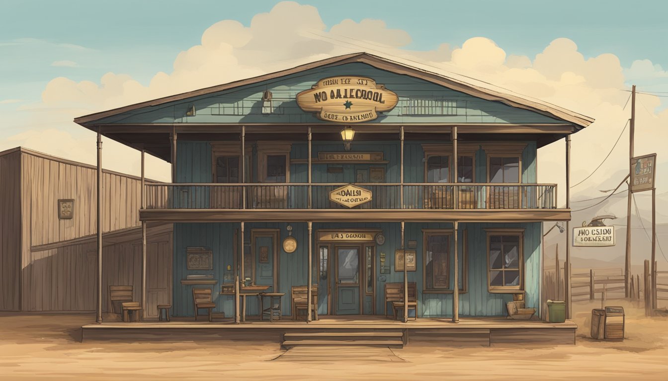 A dusty saloon with a "No Alcohol" sign in San Patricio County, Texas. A sheriff's badge hangs on the wall