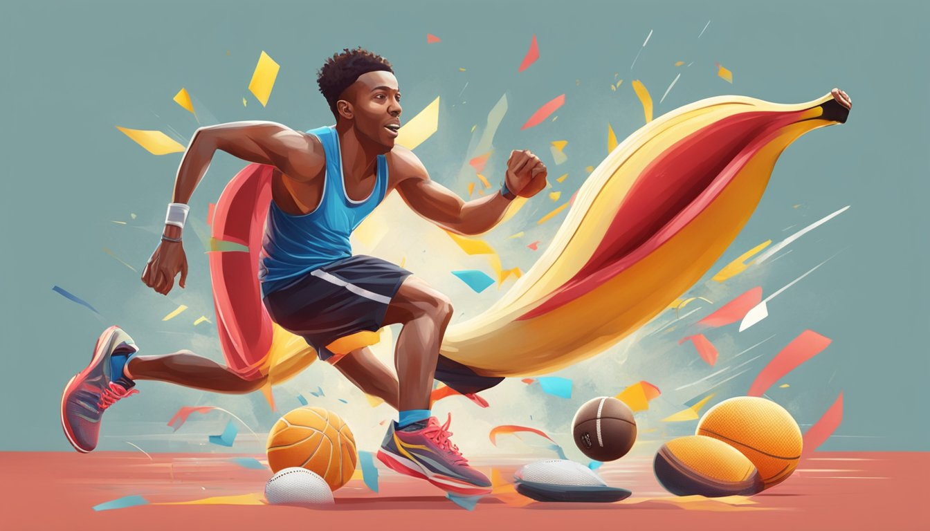 A red banana bursting with energy, surrounded by sports equipment and a runner in action