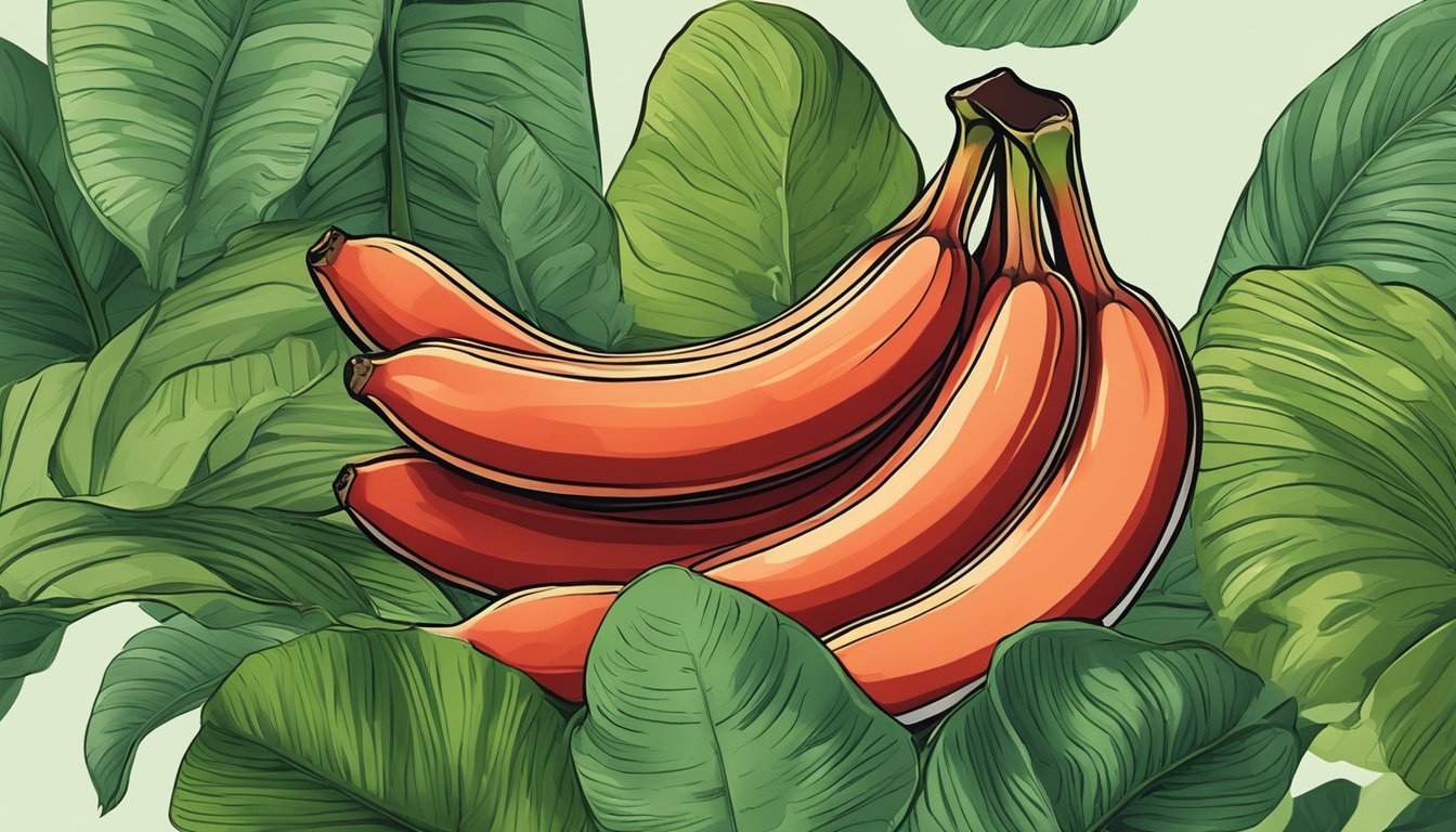 A bunch of red bananas surrounded by green leaves, with a focus on their unique color and shape