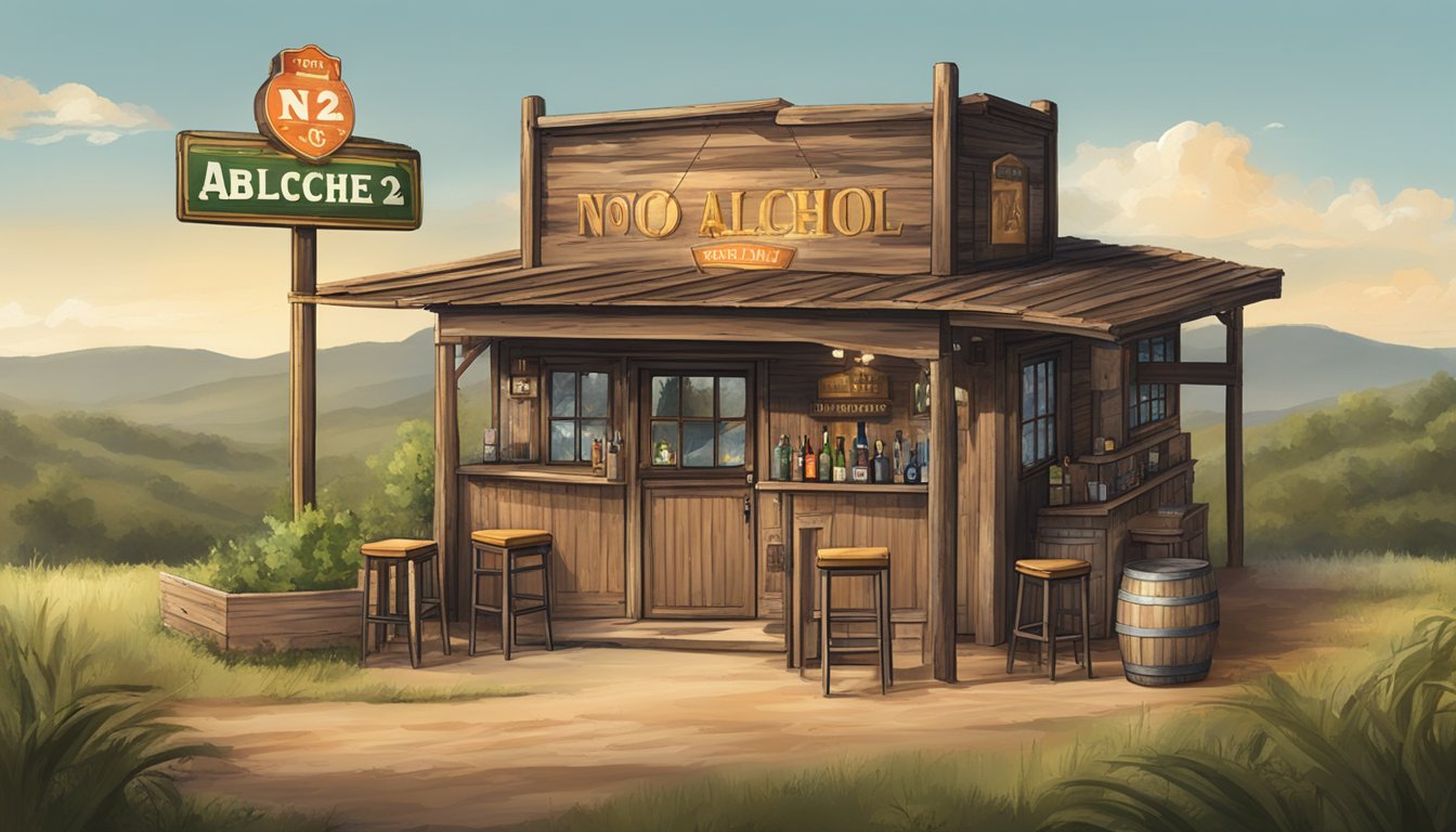 A rustic bar with a "no alcohol under 21" sign, surrounded by rolling Texas countryside