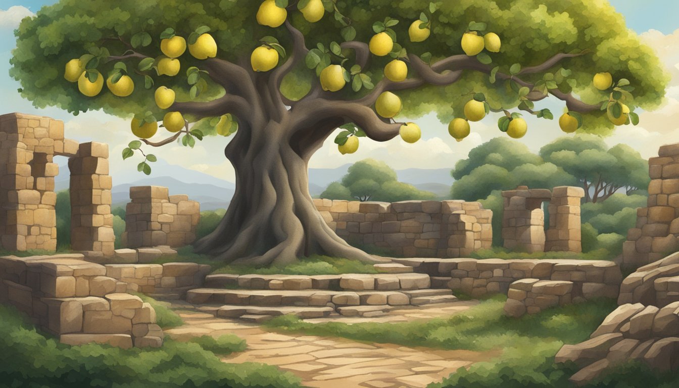 A lush quince tree surrounded by ancient ruins, symbolizing the historical and cultural significance of the fruit