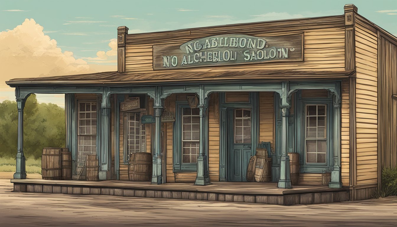 A dusty, old saloon with a "No Alcohol" sign in Robertson County, Texas during the prohibition era