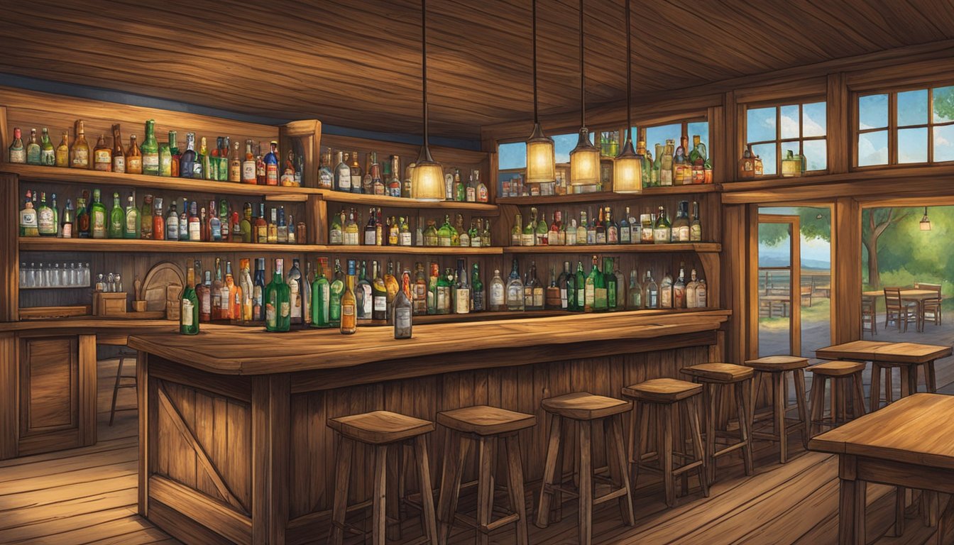 A rustic bar in Red River County, Texas, with bottles on shelves and patrons enjoying drinks at tables