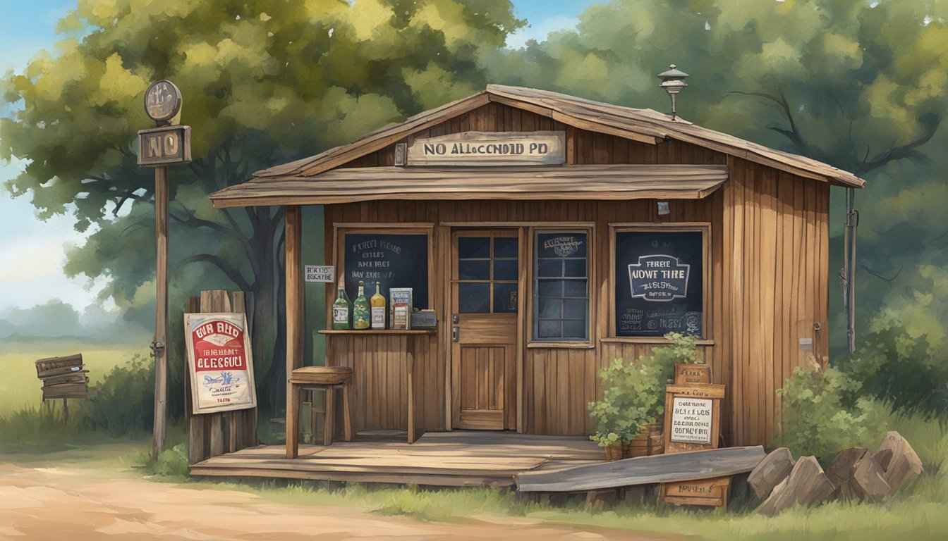 A rustic bar sign hangs outside a small wooden building in Red River County, Texas, with a "No Alcohol Beyond This Point" notice posted nearby