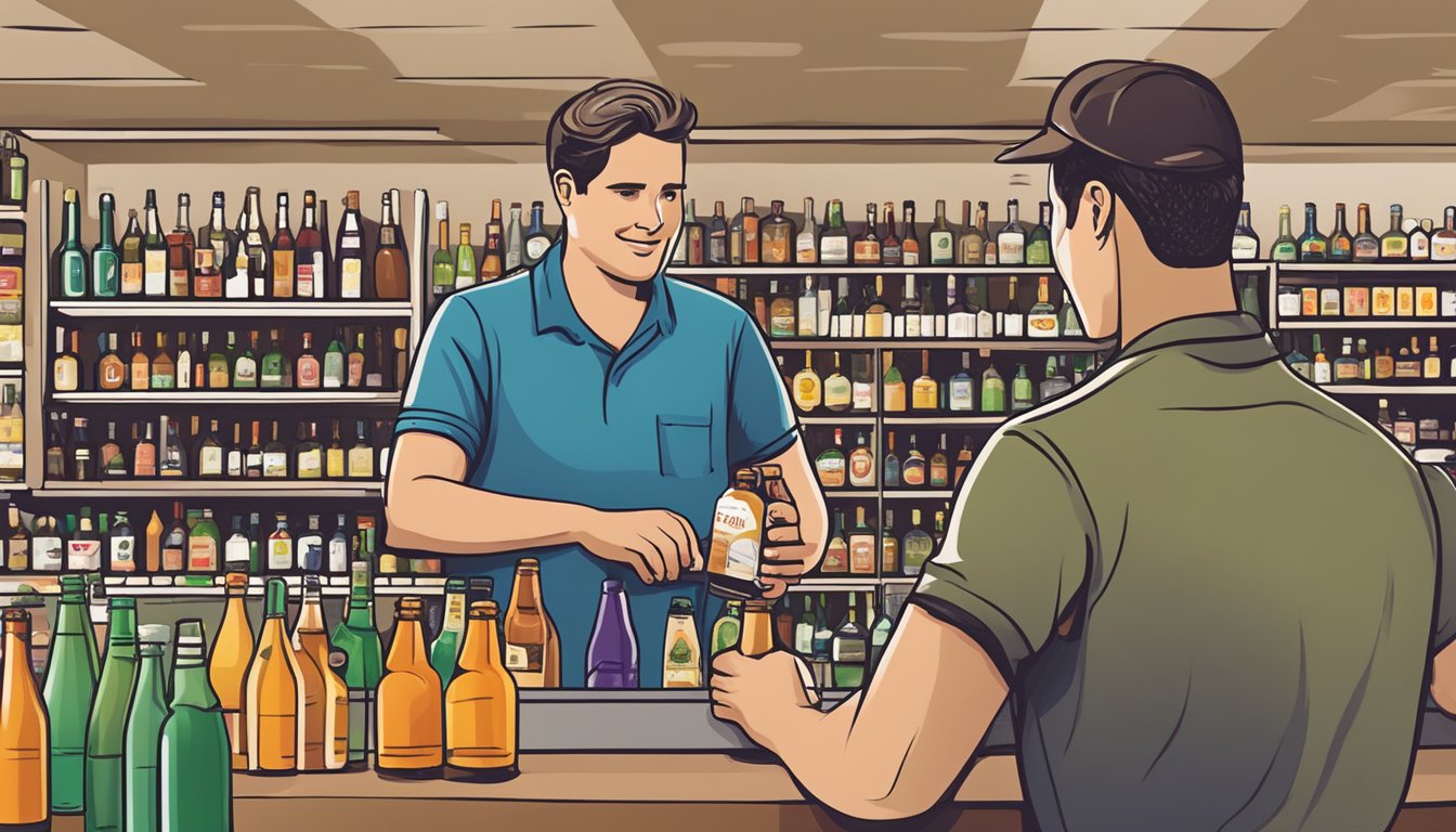 A person at a store counter buying bottles of alcohol in Robertson County, Texas