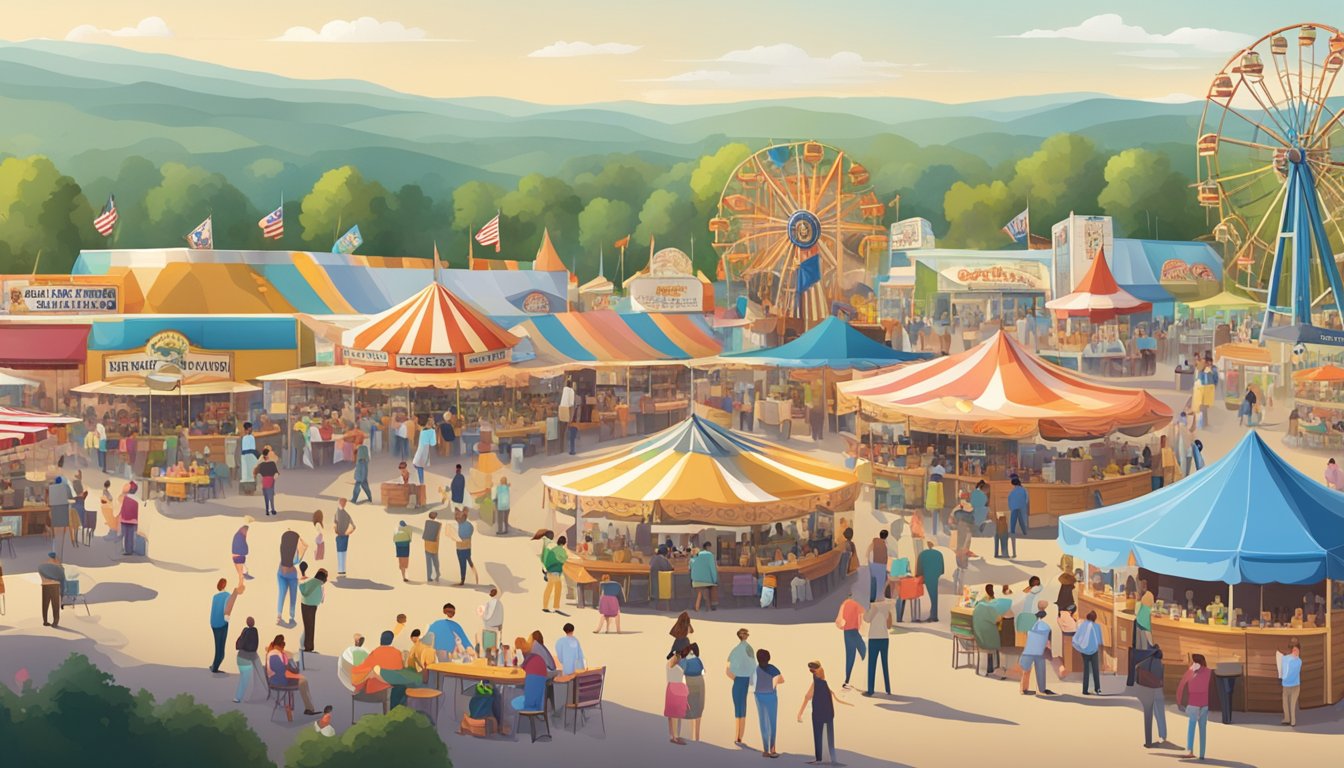 A bustling county fair with vendors selling alcohol and customers enjoying drinks at outdoor tables