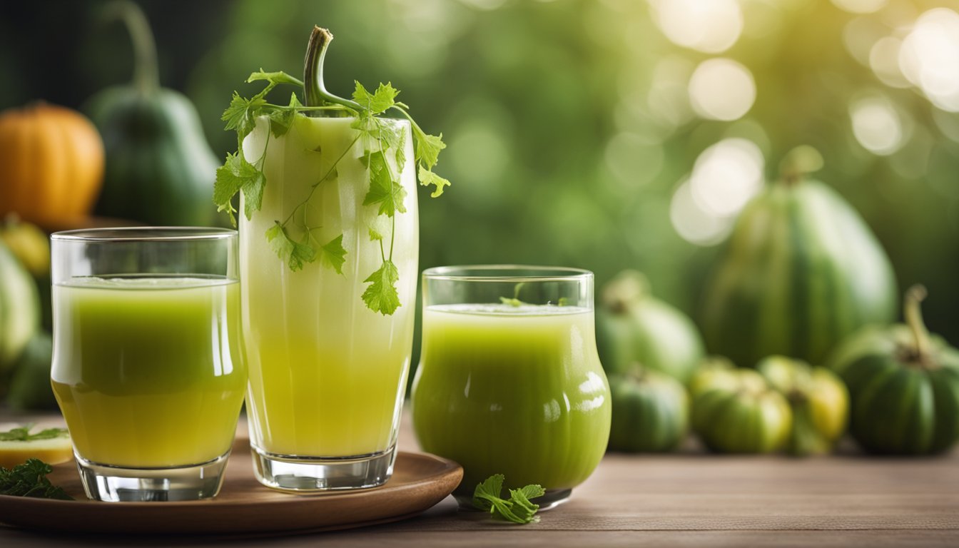 Fresh bitter gourds sliced open, revealing juicy flesh, with a glass of the juice beside them