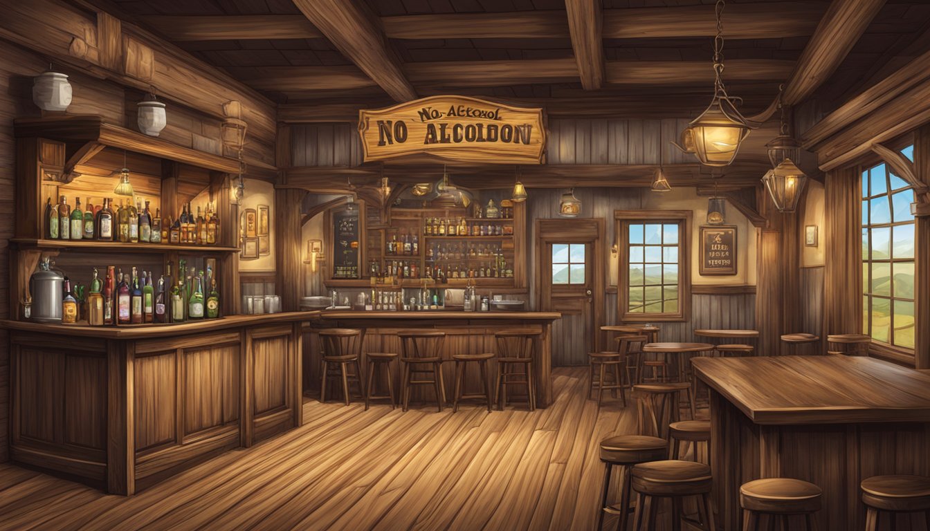 A rustic, western-style saloon with a "No Alcohol" sign prominently displayed in the window