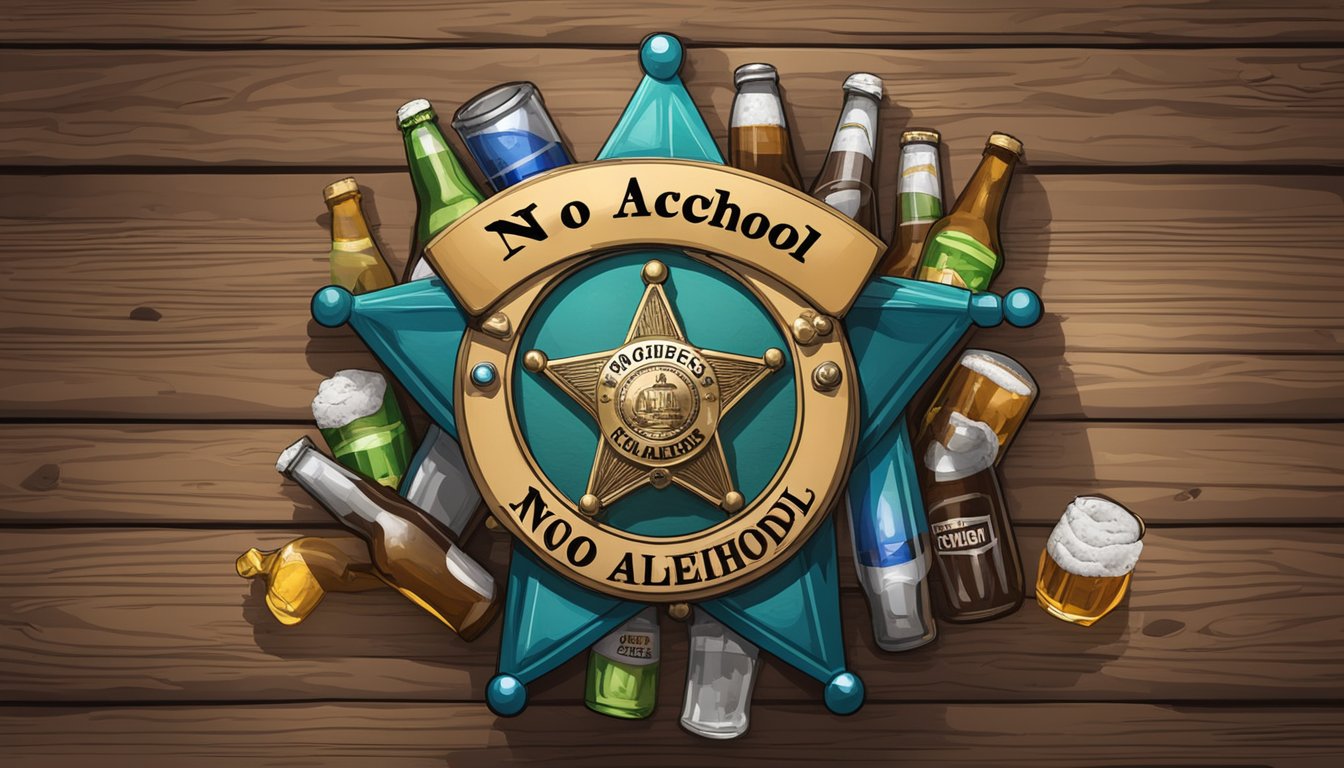 A sheriff's badge pinned to a wooden post, surrounded by empty beer bottles and a "No Alcohol" sign