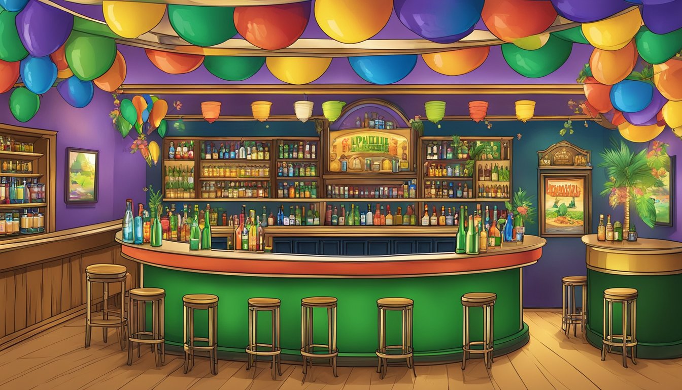 A festive bar scene with colorful alcoholic beverage displays and promotional signage, set against the backdrop of San Patricio County, Texas