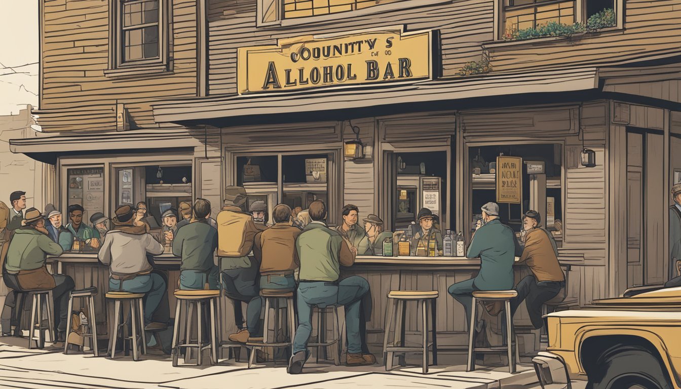 A group of people gathered outside a local bar, with a sign displaying the county's alcohol and drinking laws prominently displayed