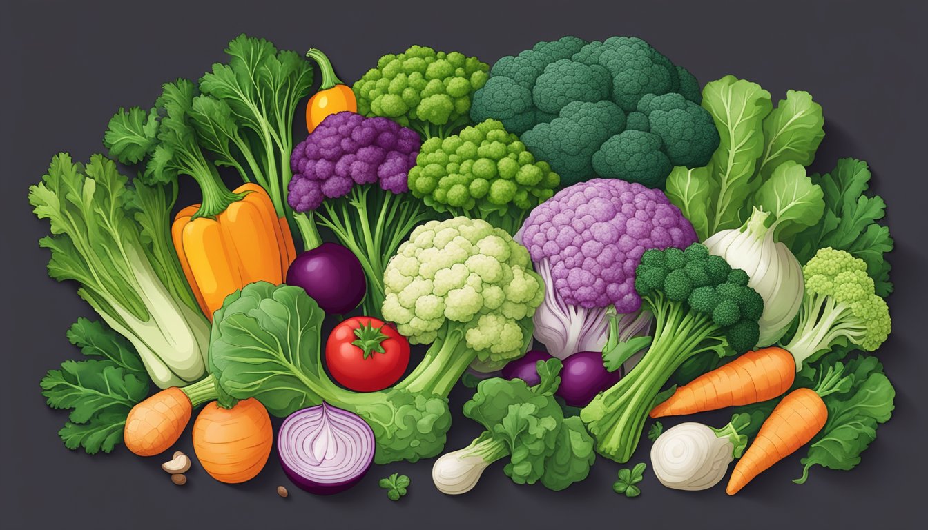 A colorful array of cruciferous vegetables, with rapini prominently displayed, surrounded by various health symbols indicating its numerous health benefits