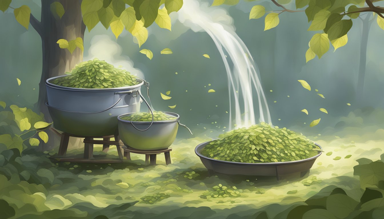 A serene scene of silver linden leaves being harvested and steeped in hot water, emitting a fragrant steam