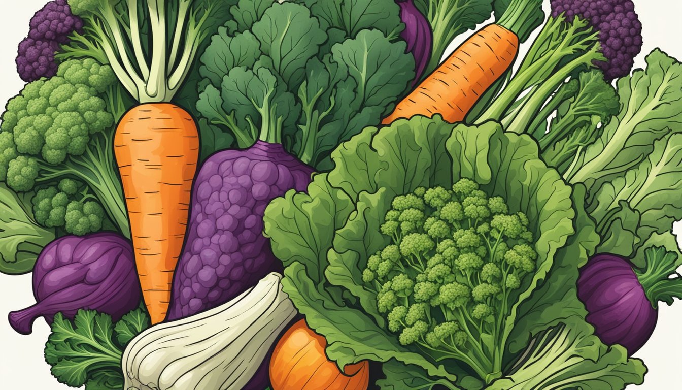 A vibrant illustration of rapini surrounded by various vegetables, symbolizing its health benefits and potential adverse effects