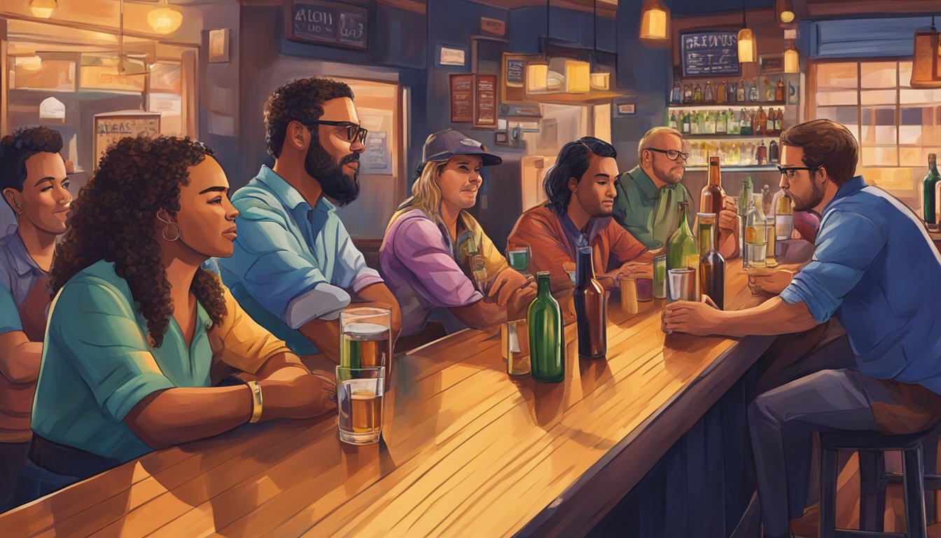 A group of people sitting at a bar in Randall County, Texas, with various alcoholic beverages on the counter