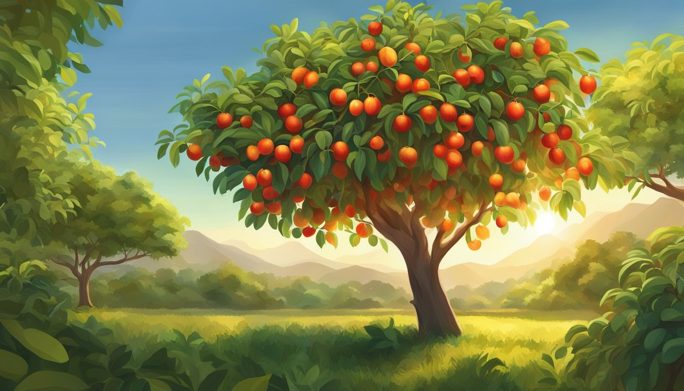 A vibrant jujube tree laden with ripe red fruit, surrounded by lush green leaves and basking in the warm glow of the sun