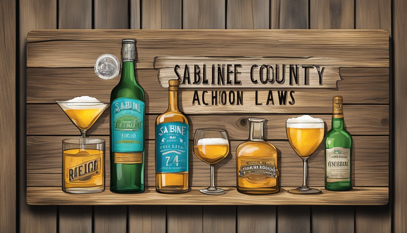 A rustic wooden sign with "Sabine County Alcohol Laws" displayed prominently