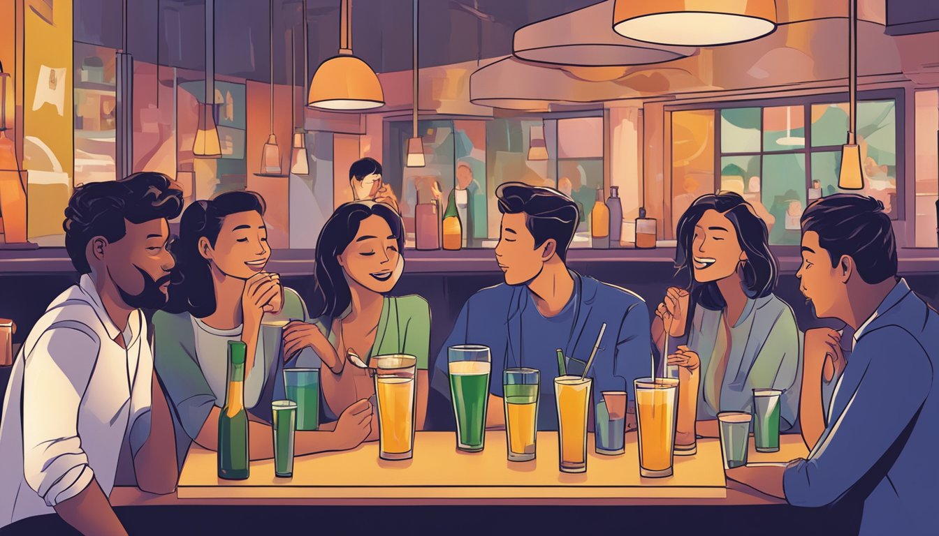 A group of people enjoying drinks at a bar, with a sign displaying the legal drinking age. Some individuals appear visibly intoxicated, causing a disturbance