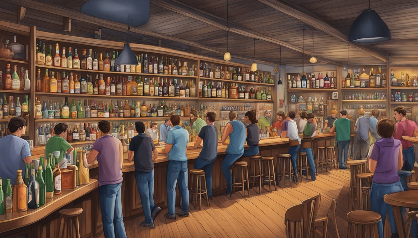 A bustling bar in Randall County, Texas, with shelves of alcohol and patrons enjoying drinks