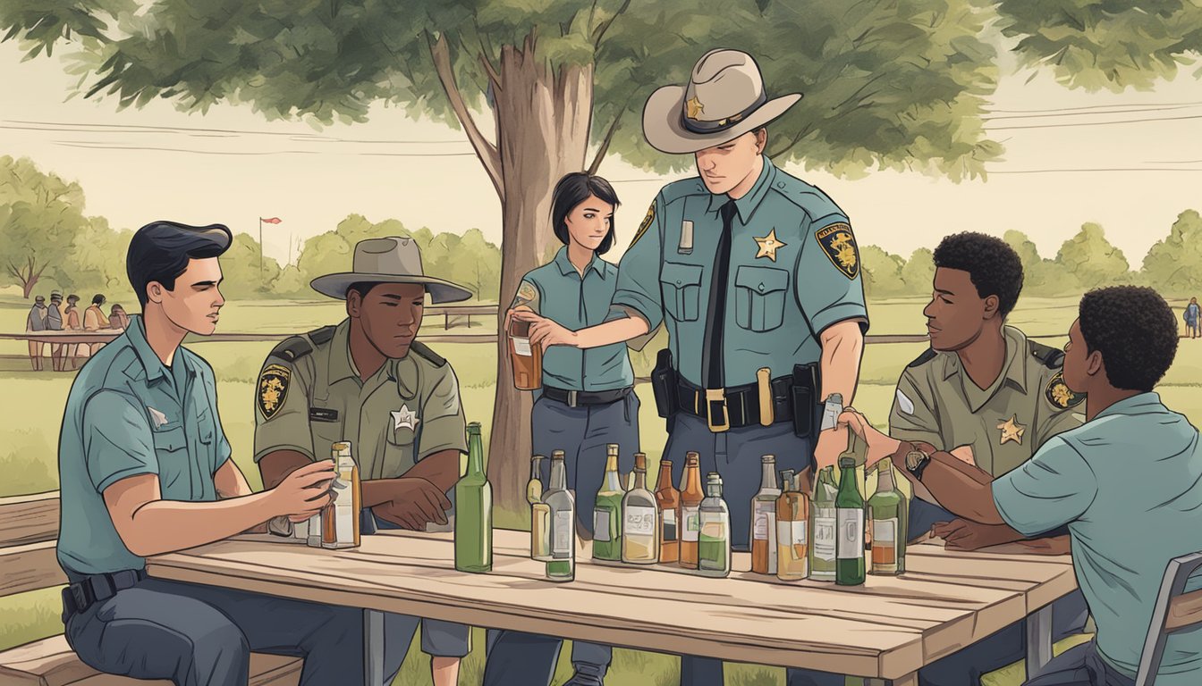 A sheriff's deputy confiscating alcohol from a group of young adults at a local park