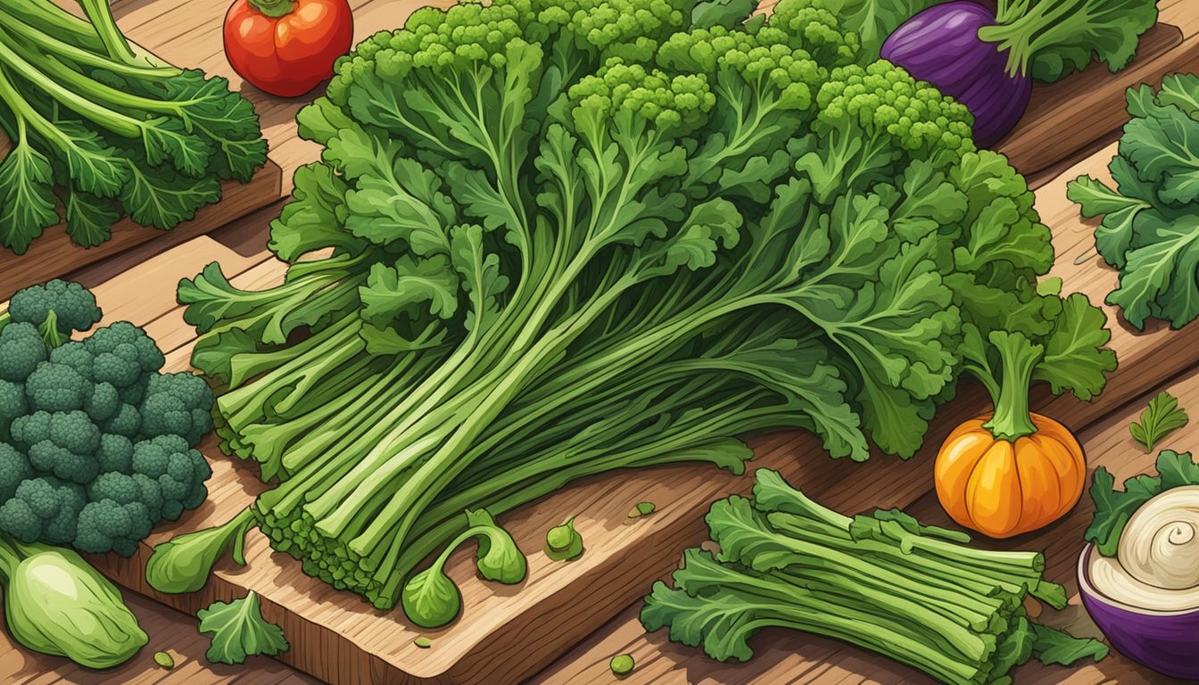 A vibrant bunch of rapini, freshly harvested and neatly arranged on a wooden cutting board, surrounded by colorful vegetables and herbs