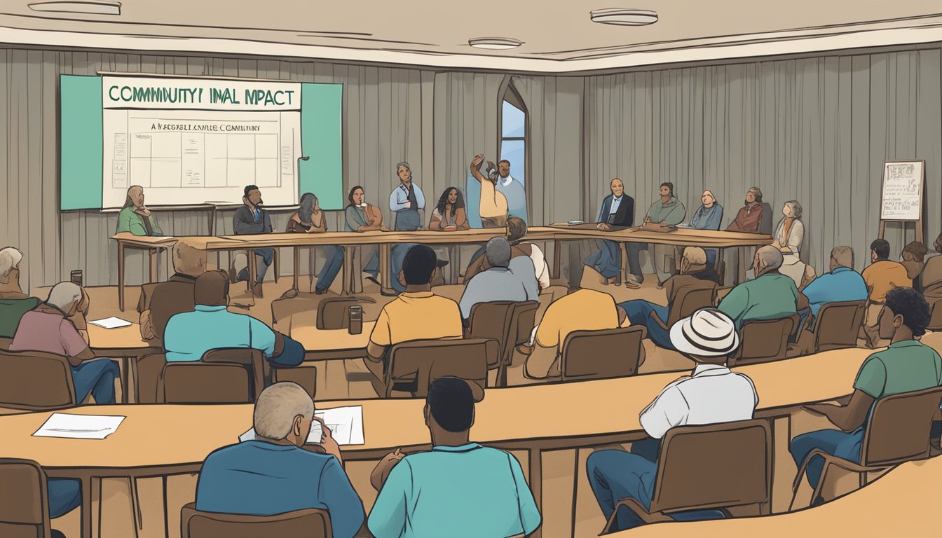 A small town meeting hall with a sign reading "Community Impact" in Reeves County, Texas. A group of people discussing alcohol and drinking laws