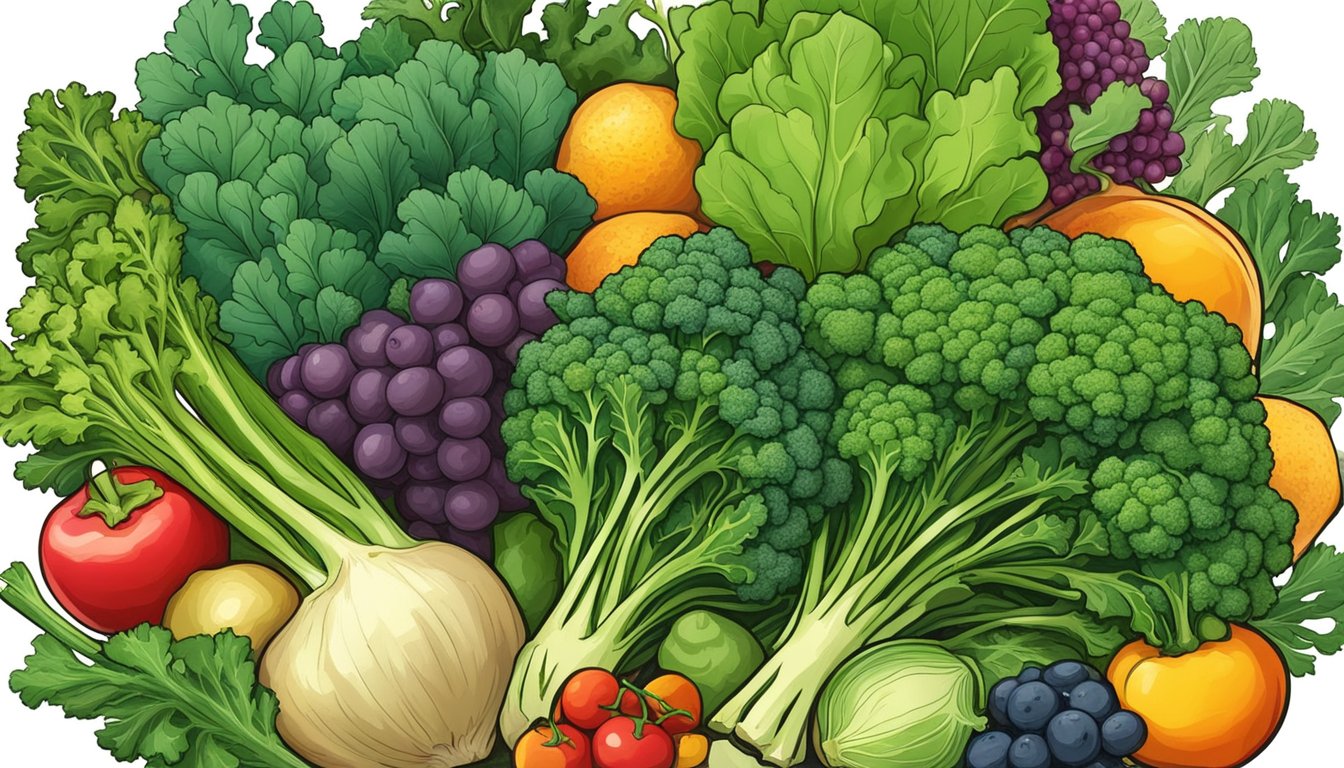 A vibrant bunch of rapini surrounded by various fruits and vegetables, symbolizing its impact on bodily functions and health benefits