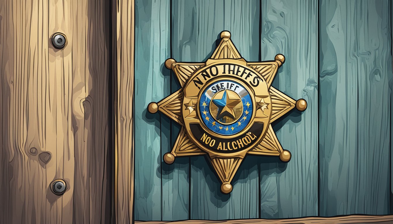 A sheriff's badge pinned to a wooden post with a "No Alcohol" sign in the background